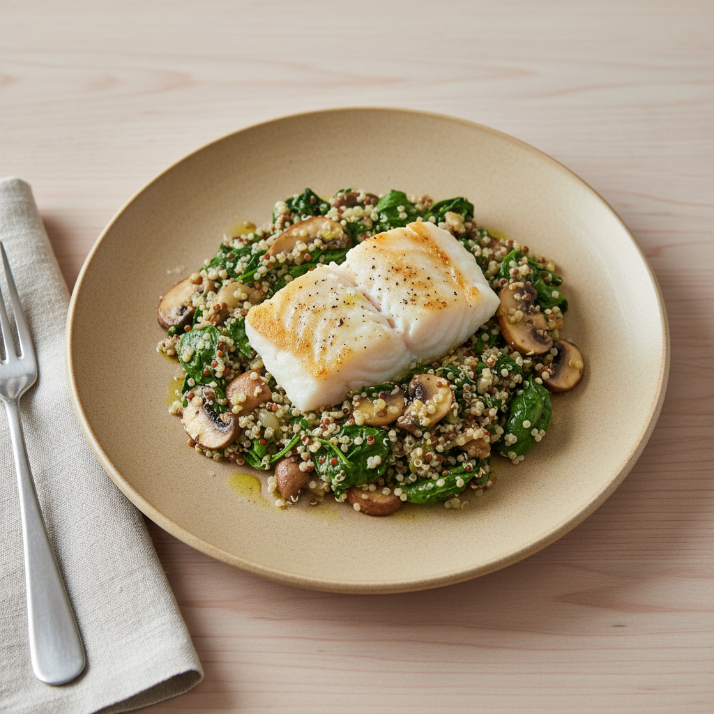 Kabeljau mit Quinoa-Spinat-Pfanne und Olivenöl