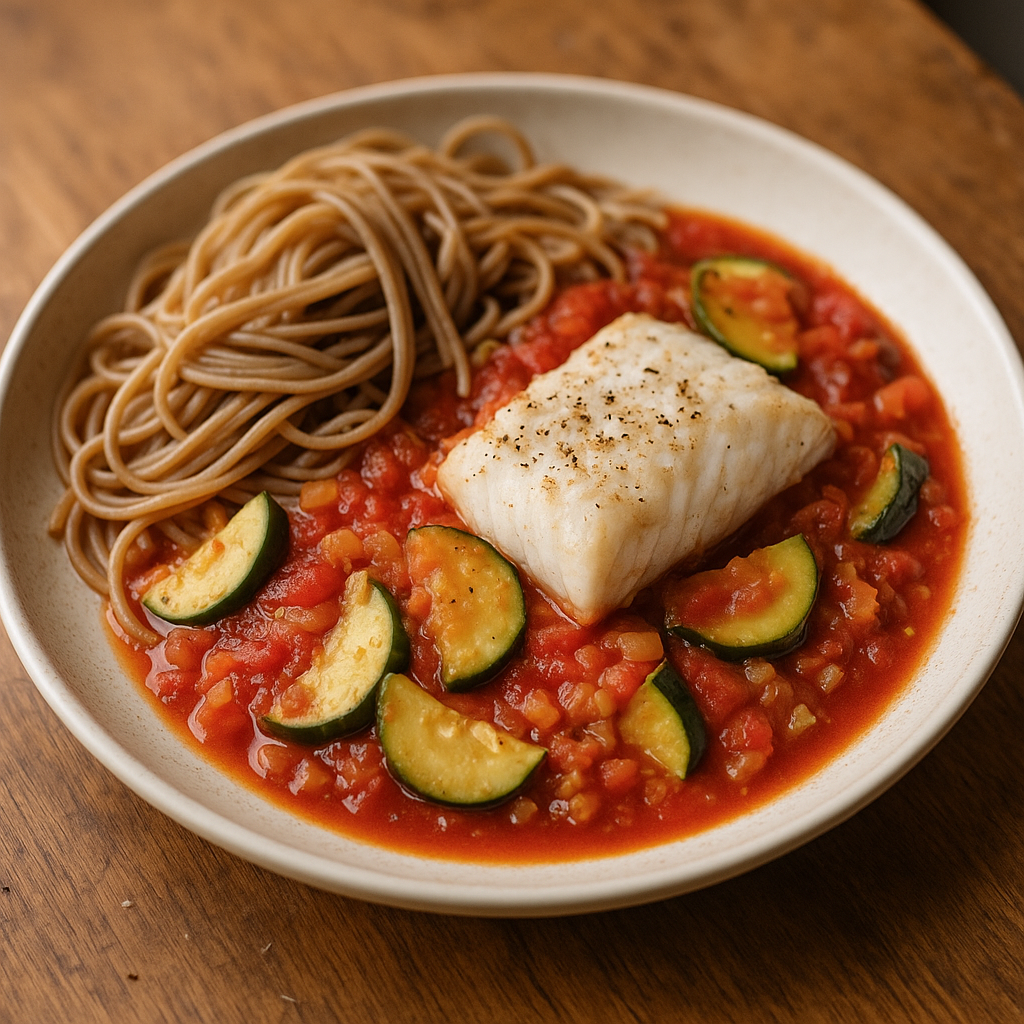 Kabeljau mit Tomaten-Zucchini-Sauce und Vollkornnudeln