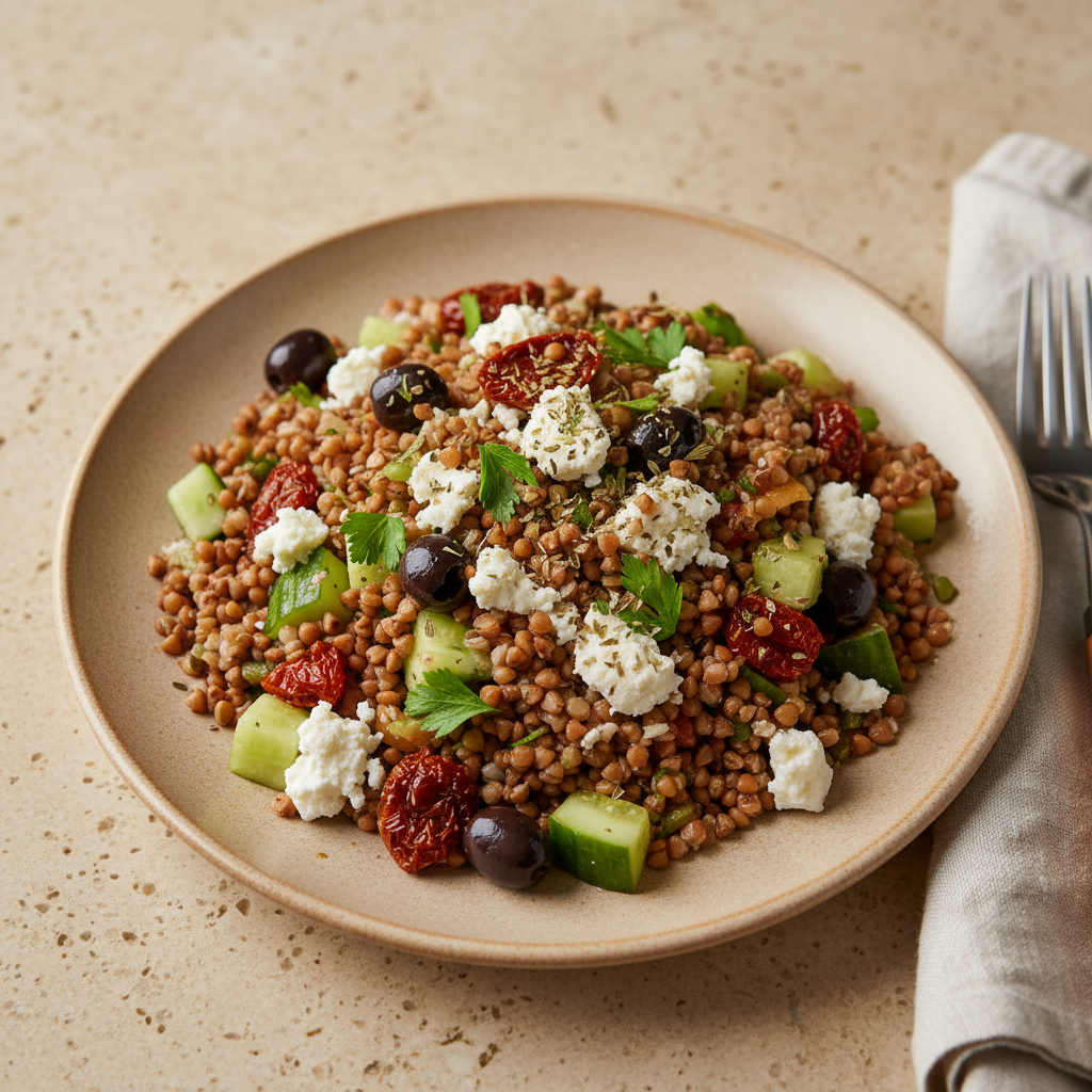 Kalter Buchweizen-Linsen-Salat mit Feta, Oliven und getrockneten Tomaten