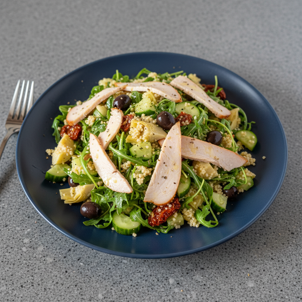 Kalter Couscous-Salat mit Truthenbrust, Artischocken, Oliven und Zitronen-Olivenöl-Dressing