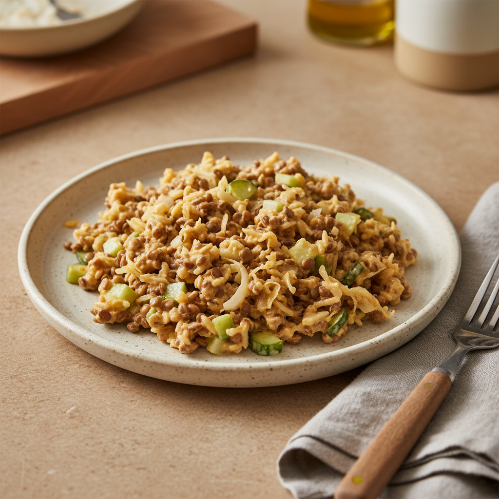 Kalter Linsensalat mit Reis, Sauerkraut und Senf-Leinöl-Dressing