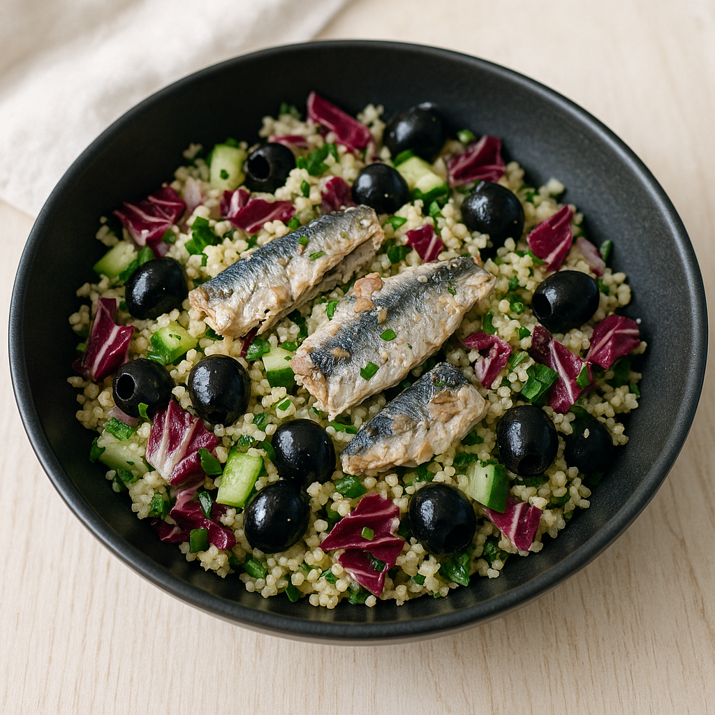 Kalter Sardinen-Bulgur-Salat mit Radicchio, Gurke und schwarzen Oliven