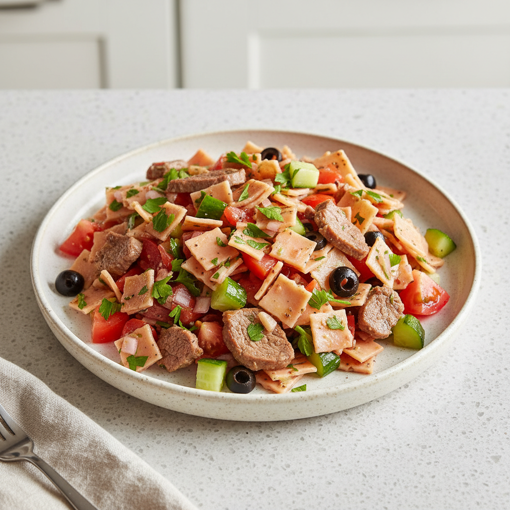 Kalter Tagliatelle-Salat mit Lammnierstück, Tomaten und Oliven