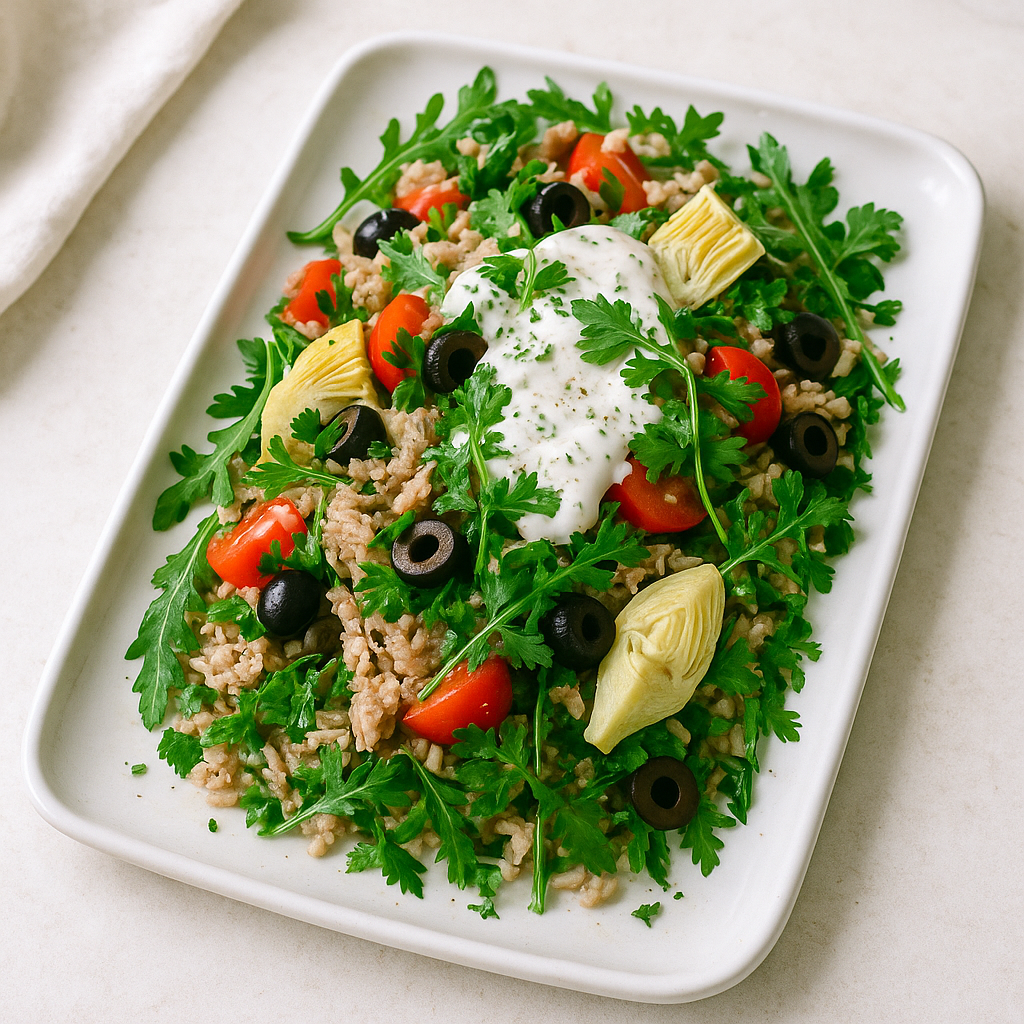 Kalter Vollkornreis-Salat mit Thunfisch, Artischocken, Oliven und Joghurtsauce