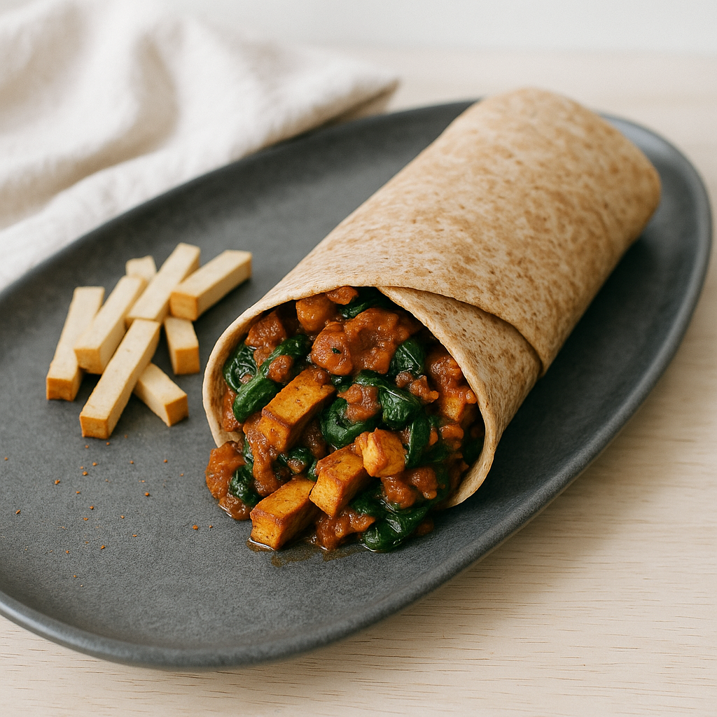 Kathi-Rolle mit Räuchertofu, Spinat und würziger Tomaten-Zwiebel-Sauce