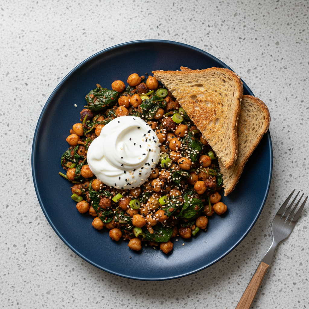 Kichererbsen-Miso-Pfanne mit Spinat und Vollkorntoast