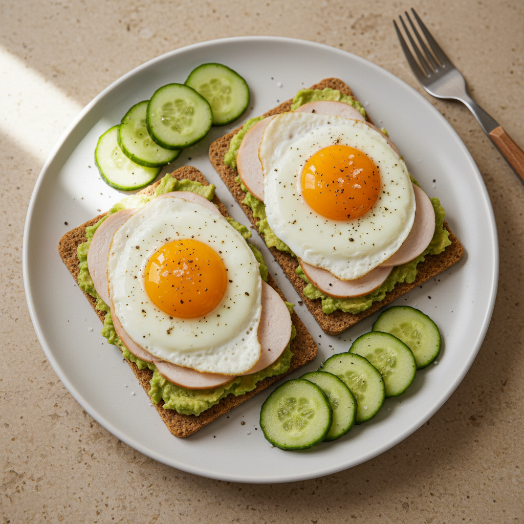 Knäckebrot mit Spiegelei, Hähnchenbrust Aufschnitt, Avocado und Gurke