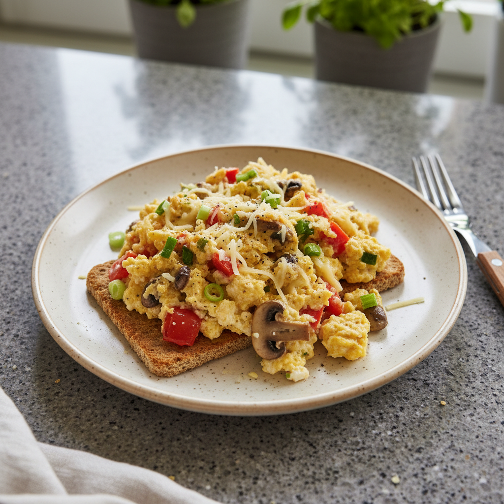 Kräuter-Rührei aus Eiklar mit Paprika, Champignons und Käse auf Knäckebrot