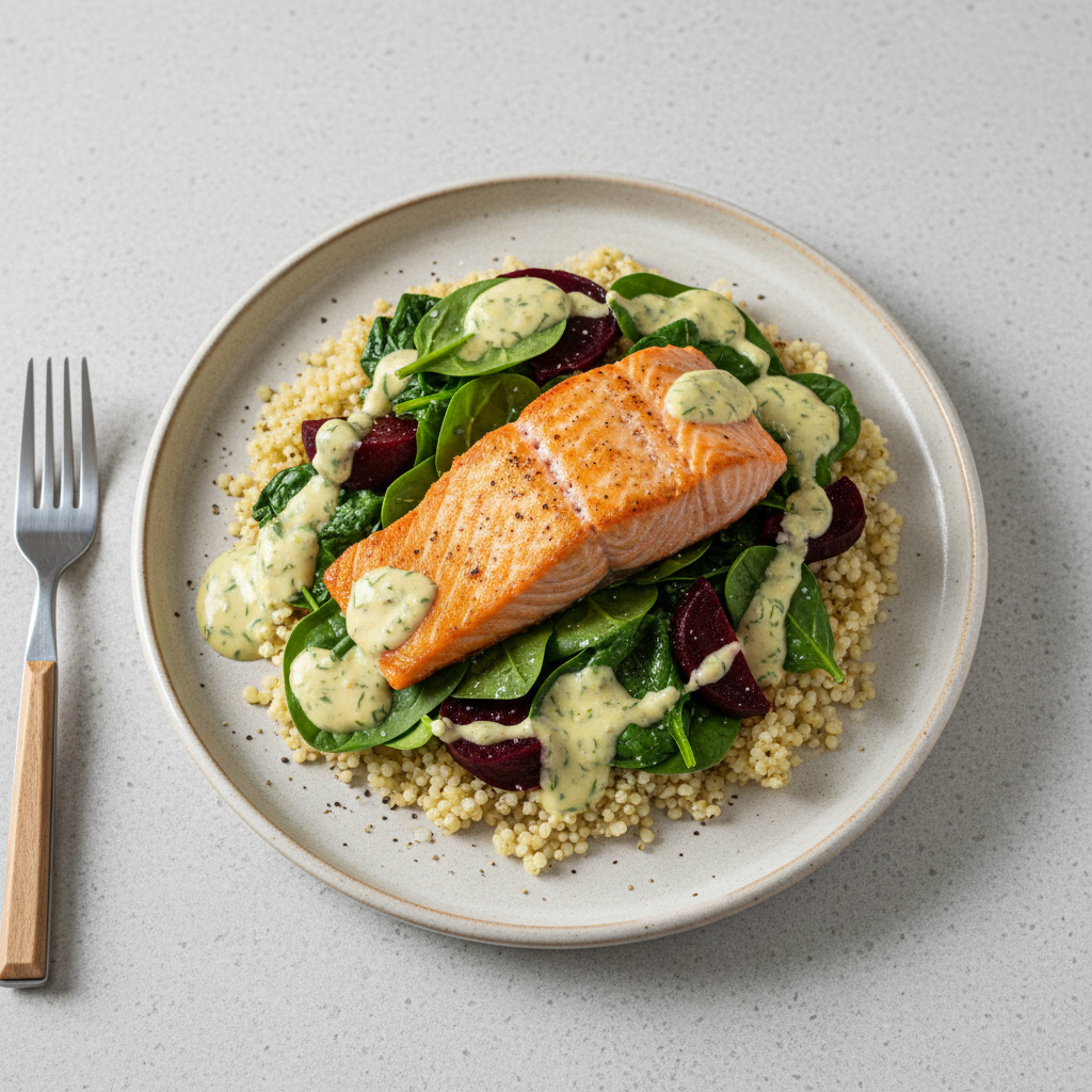 Lachs auf Hirse mit Dill-Senf-Joghurt und Rote-Bete-Spinat