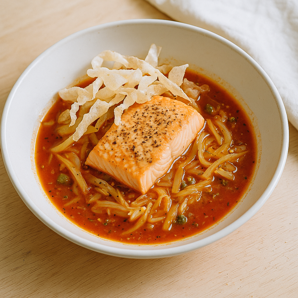 Lachs im Fenchel-Tomaten-Sud mit knusprigen Reispapierstreifen