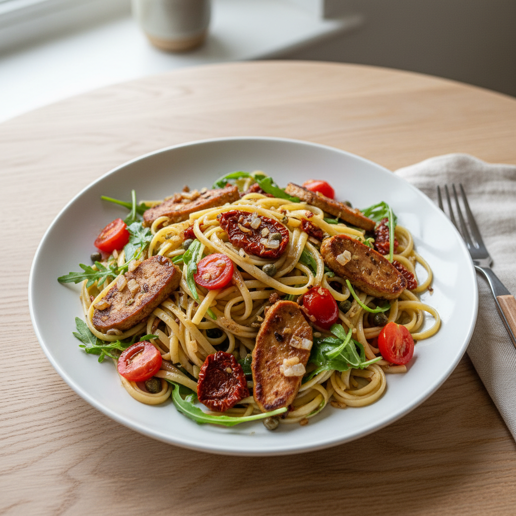 Lauwarmer Linguine-Salat mit gebratenem Seitan, getrockneten Tomaten und Rucola