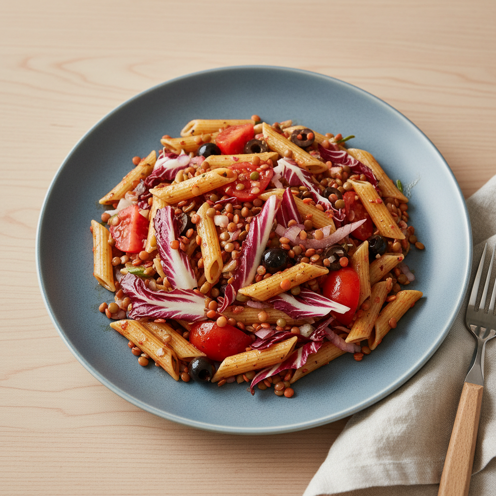 Lauwarmer Penne-Linsen-Salat mit Radicchio und Oliven