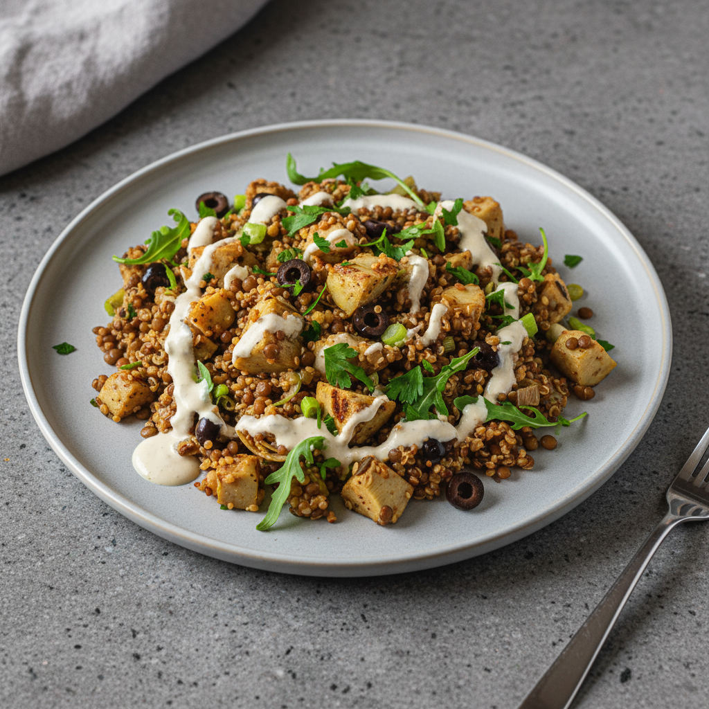 Linsen-Quinoa-Gemüsepfanne mit Artischocken, Oliven und Tahini-Zitronen-Sauce