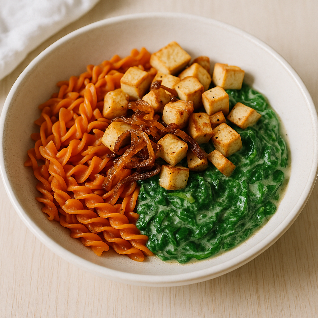 Linsennudeln mit Rahmspinat und gebratener Zwiebel