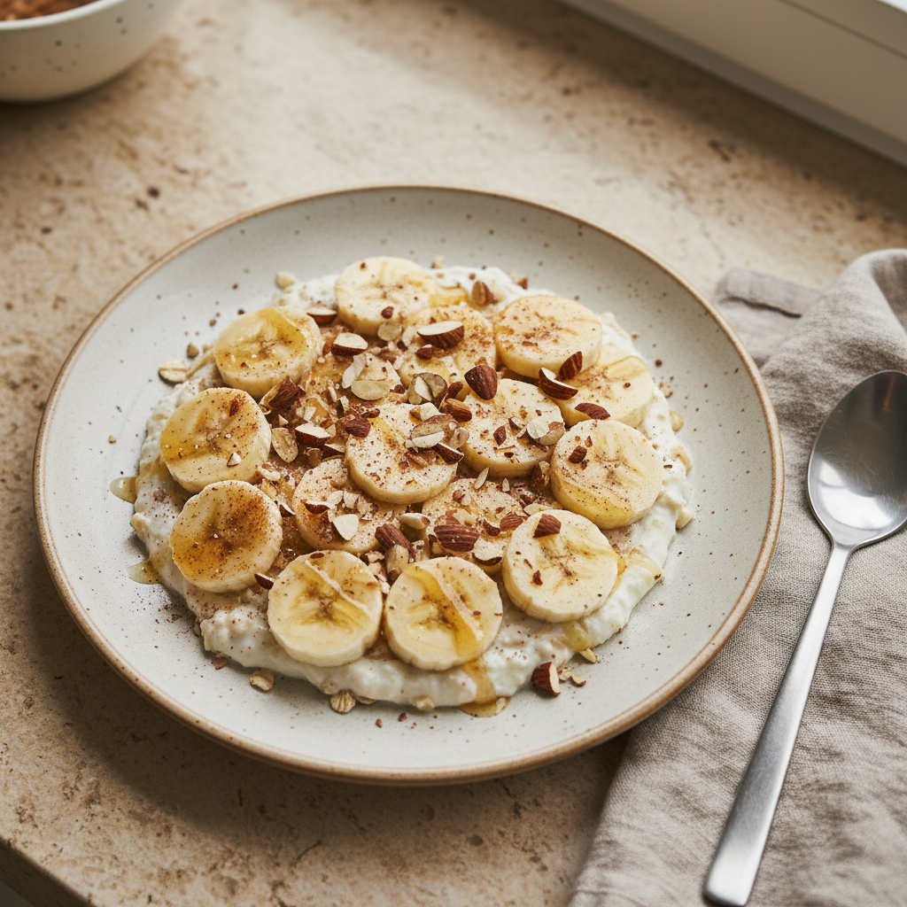 Magerquark-Joghurt mit Haferflocken, Banane und Mandeln
