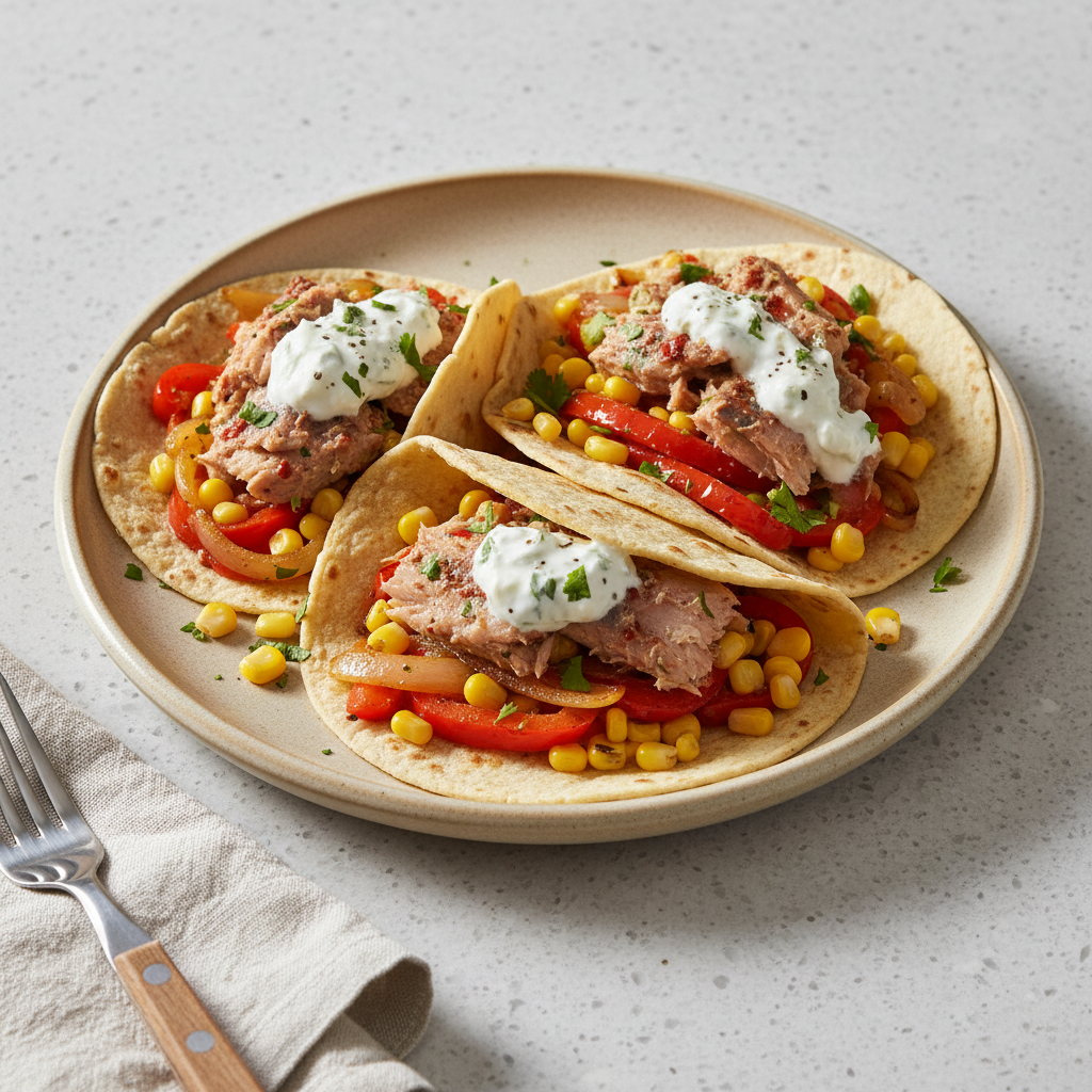 Maistortillas mit Hering nach Veracruz-Art, Paprika-Zwiebel-Gemüse und Joghurt-Kräuter-Sauce