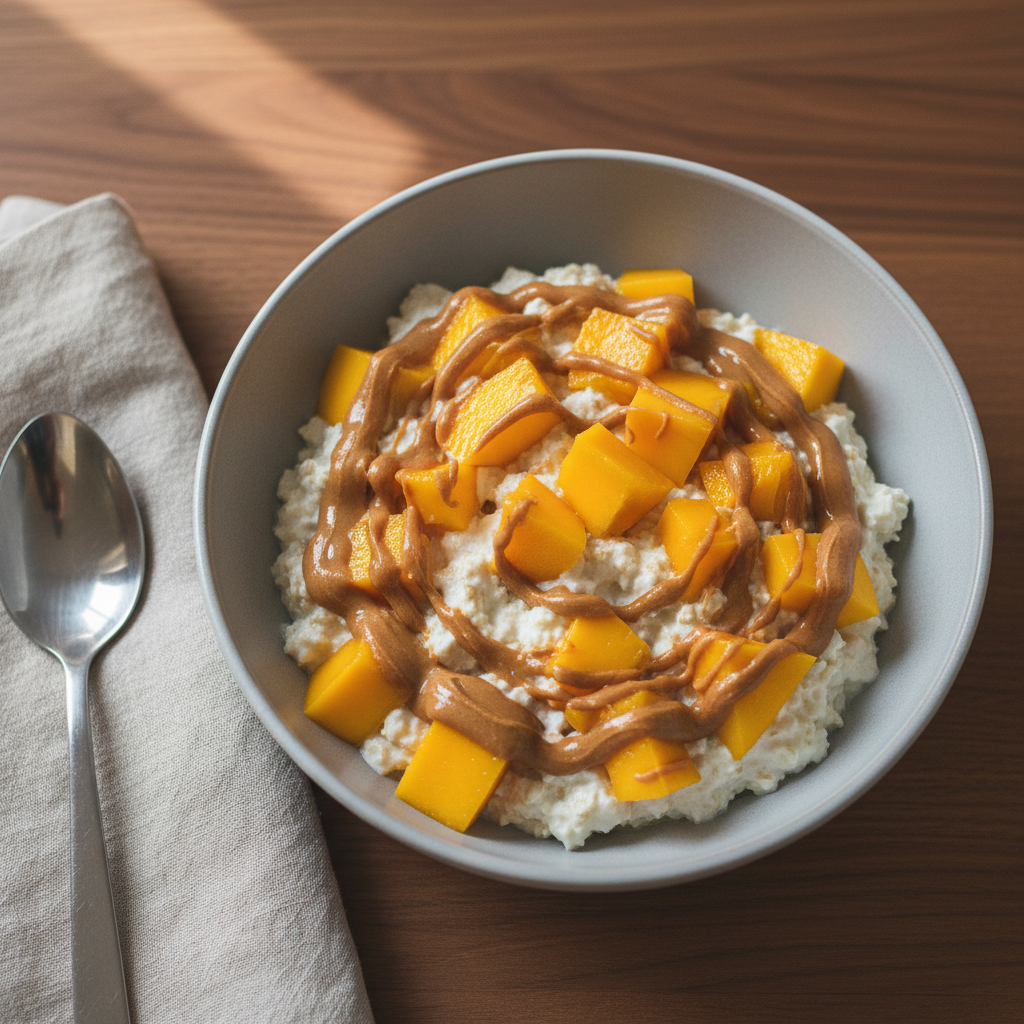 Mango-Quark-Bowl mit Haferflocken und Erdnussbutter