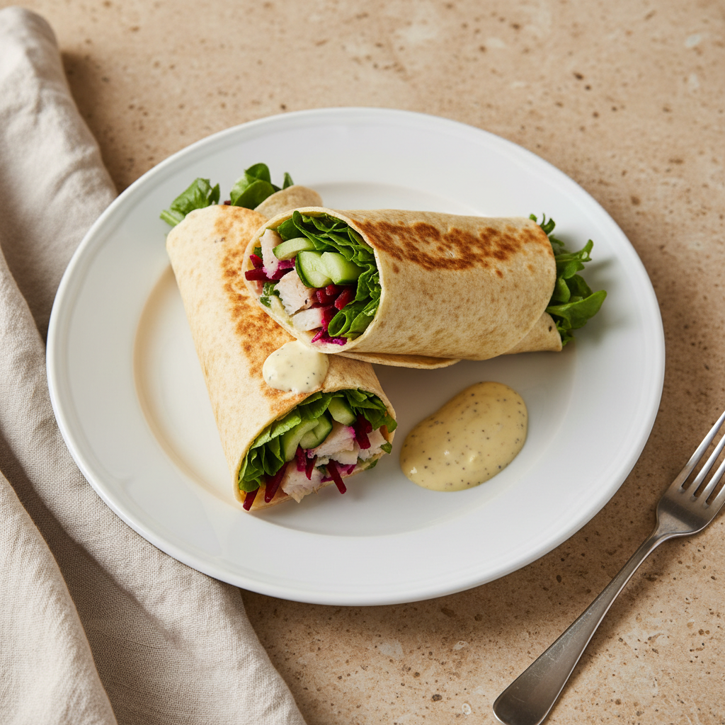 Matjes-Feldsalat-Wrap mit Gurke, Rote Bete und Senf-Joghurt
