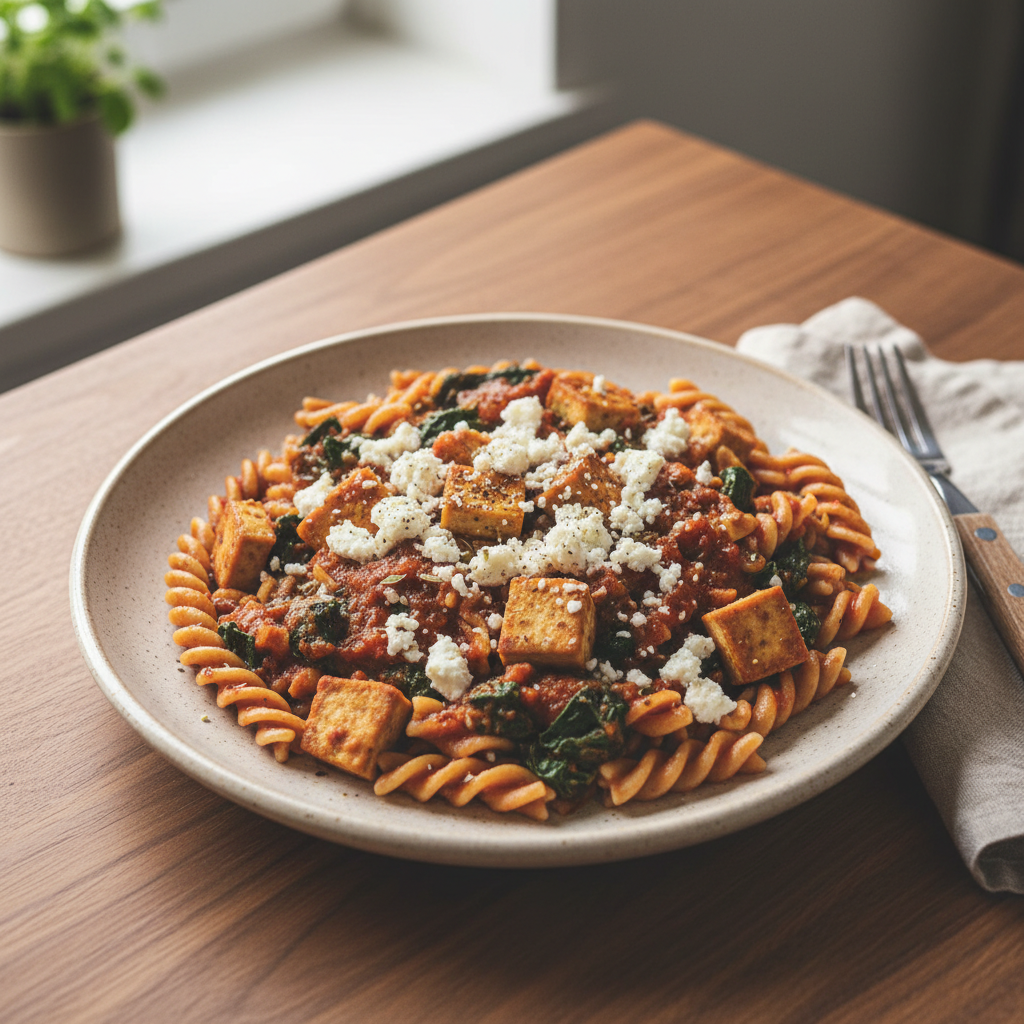 Mediterrane Räuchertofu-Nudelpfanne mit Tomaten-Spinat-Sauce