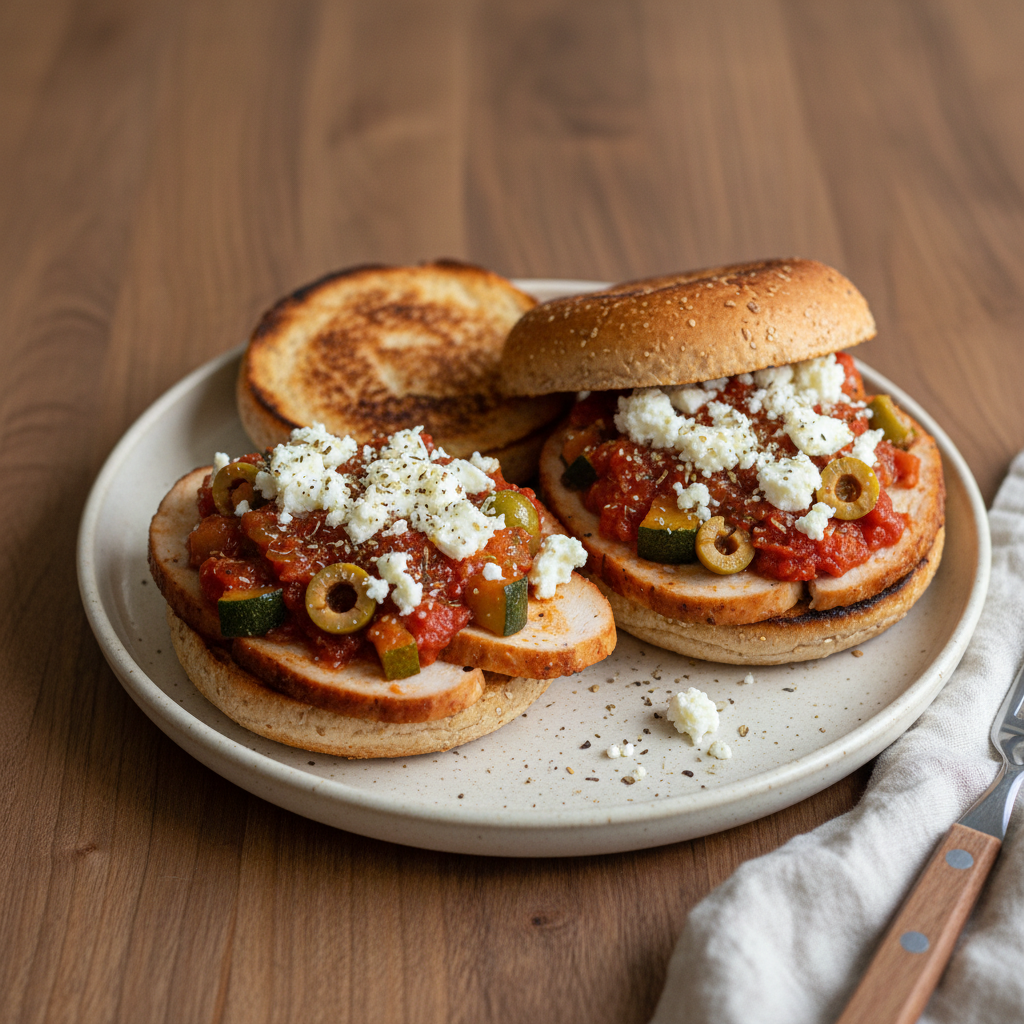 Mediterranes Hähnchenbrust-Aufschnitt-Burgerbrötchen mit Tomaten-Oliven-Pfanne und Feta