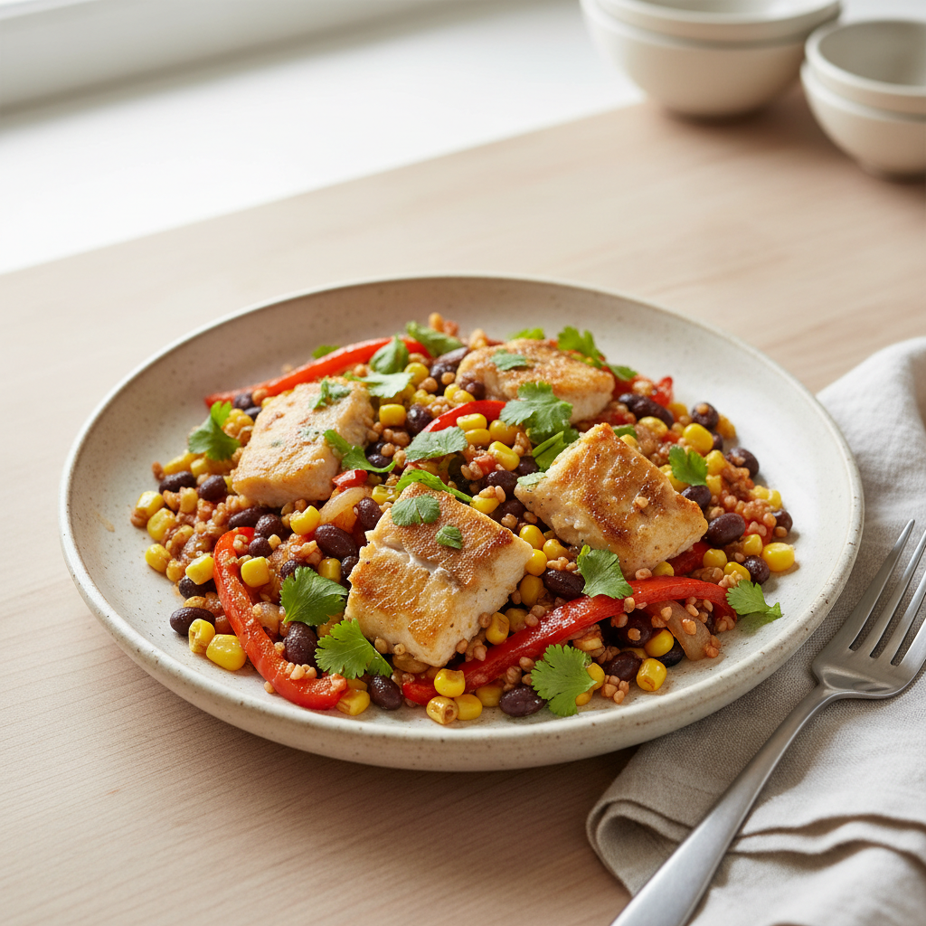 Mexikanische Seelachs-Pfanne mit Bulgur, Paprika und schwarzen Bohnen