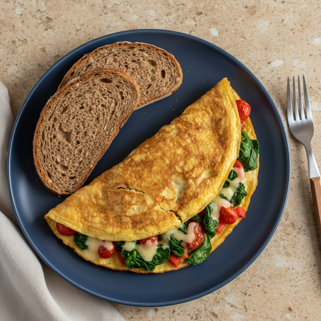 Omelett mit Paprika, Babyspinat, Tomaten, Gouda und Roggenbrot