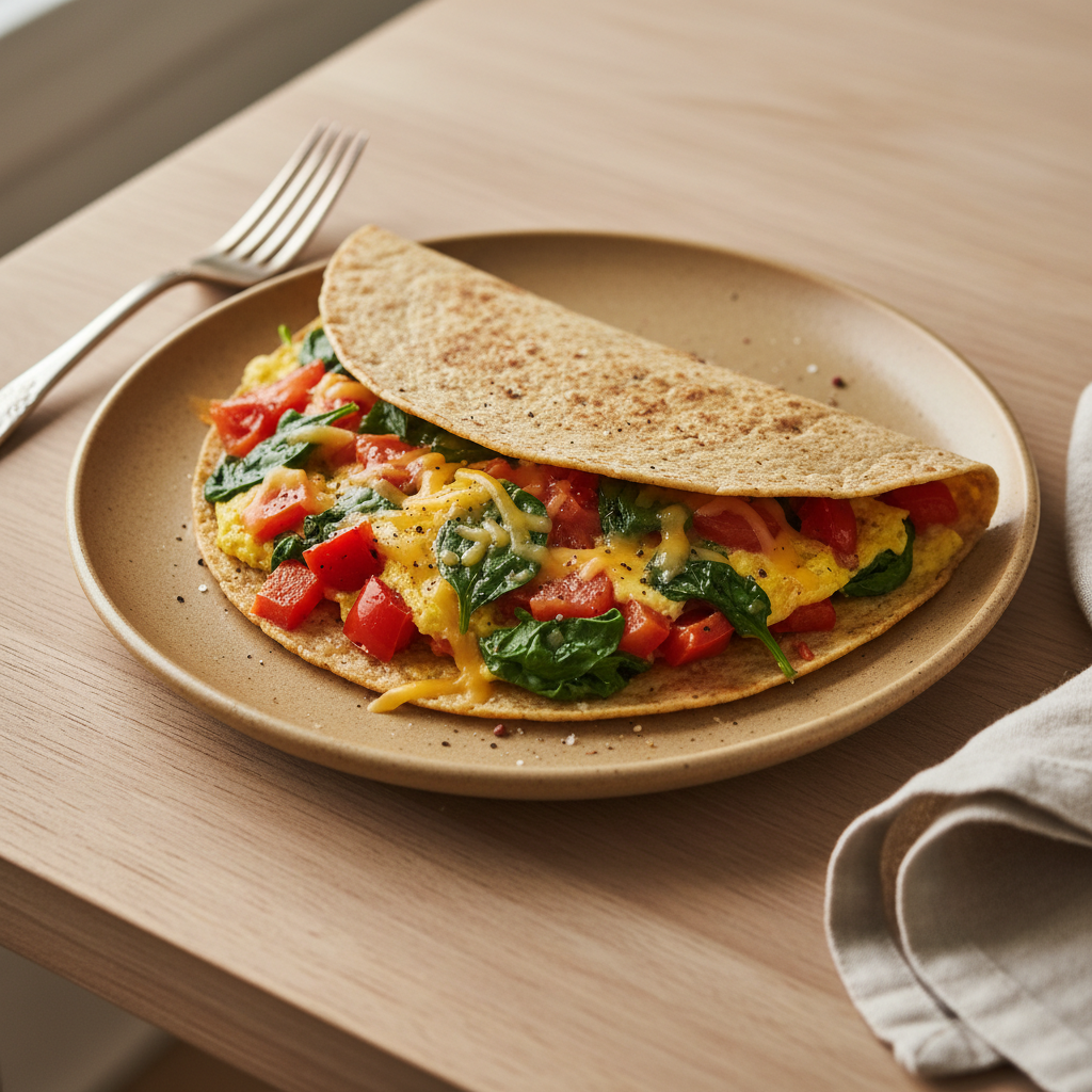 Omelett mit Paprika, Spinat, Tomaten und Cheddar im Vollkorntortilla