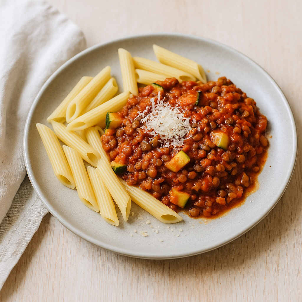 Penne mit Linsen-Tomaten-Sauce und Parmesan