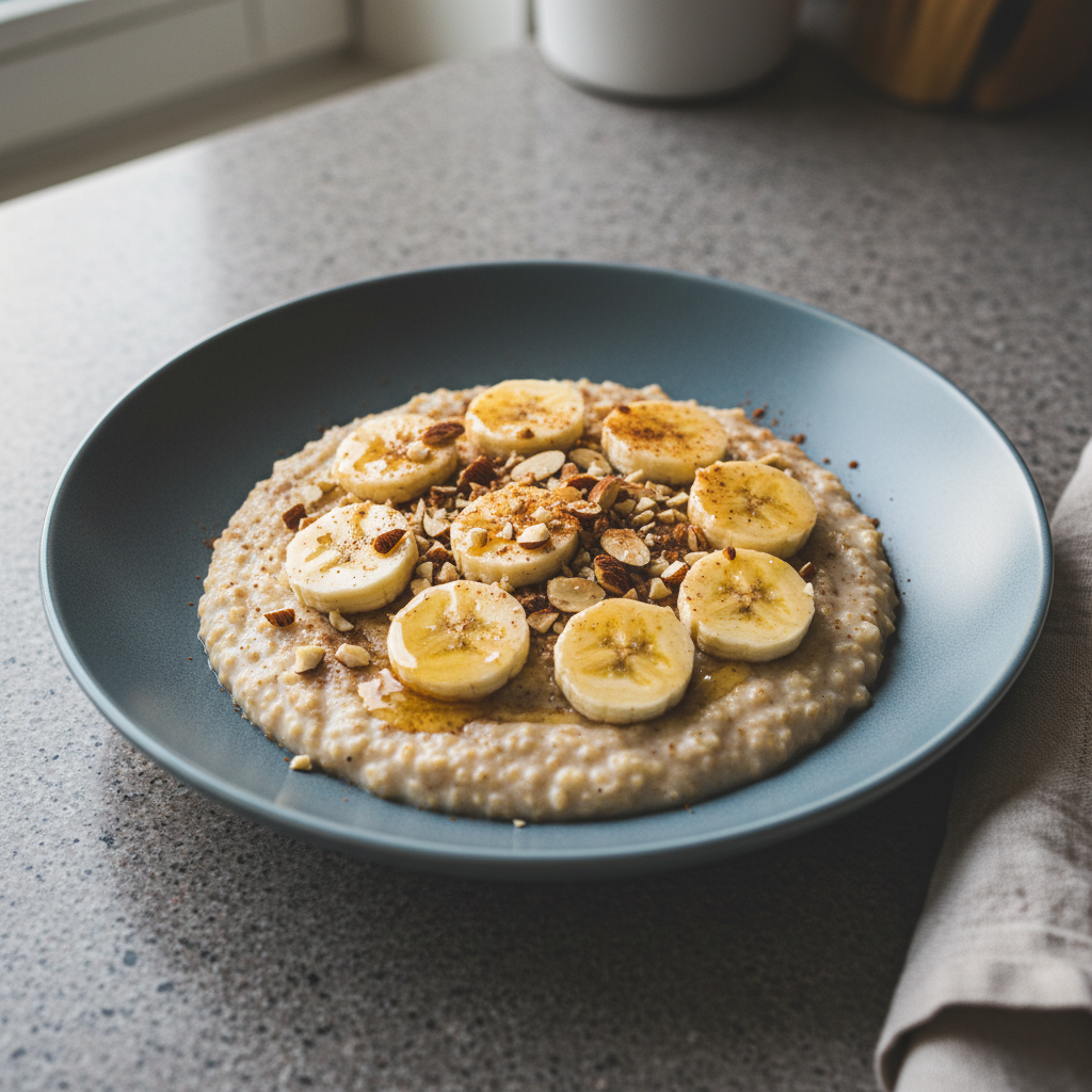 Porridge aus Hafer-Kleie mit Skyr, Banane und Mandeln
