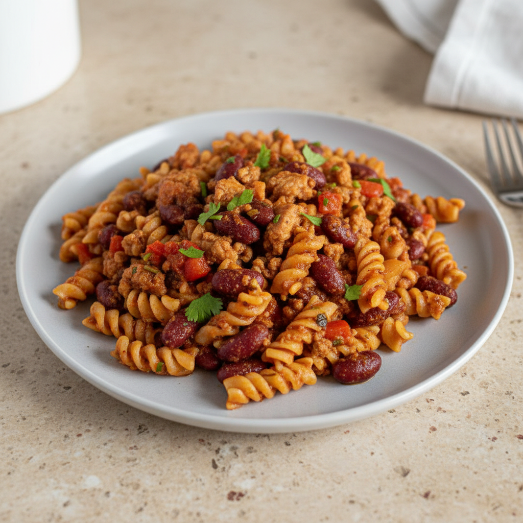 Putenhack-Pasta mit Kidneybohnen-Tomaten-Paprika-Sauce