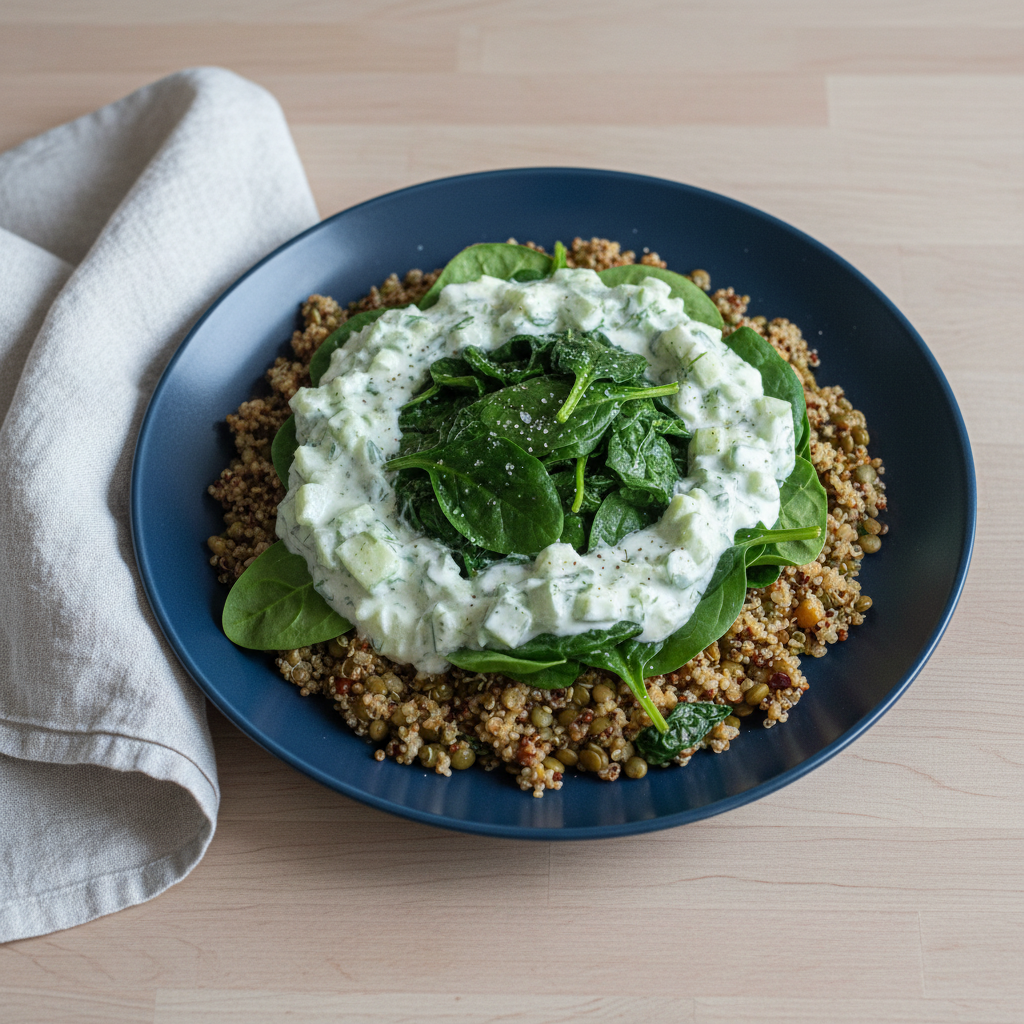Quinoa-Bowl mit grünen Linsen, Gurken-Dill-Joghurt und Spinat