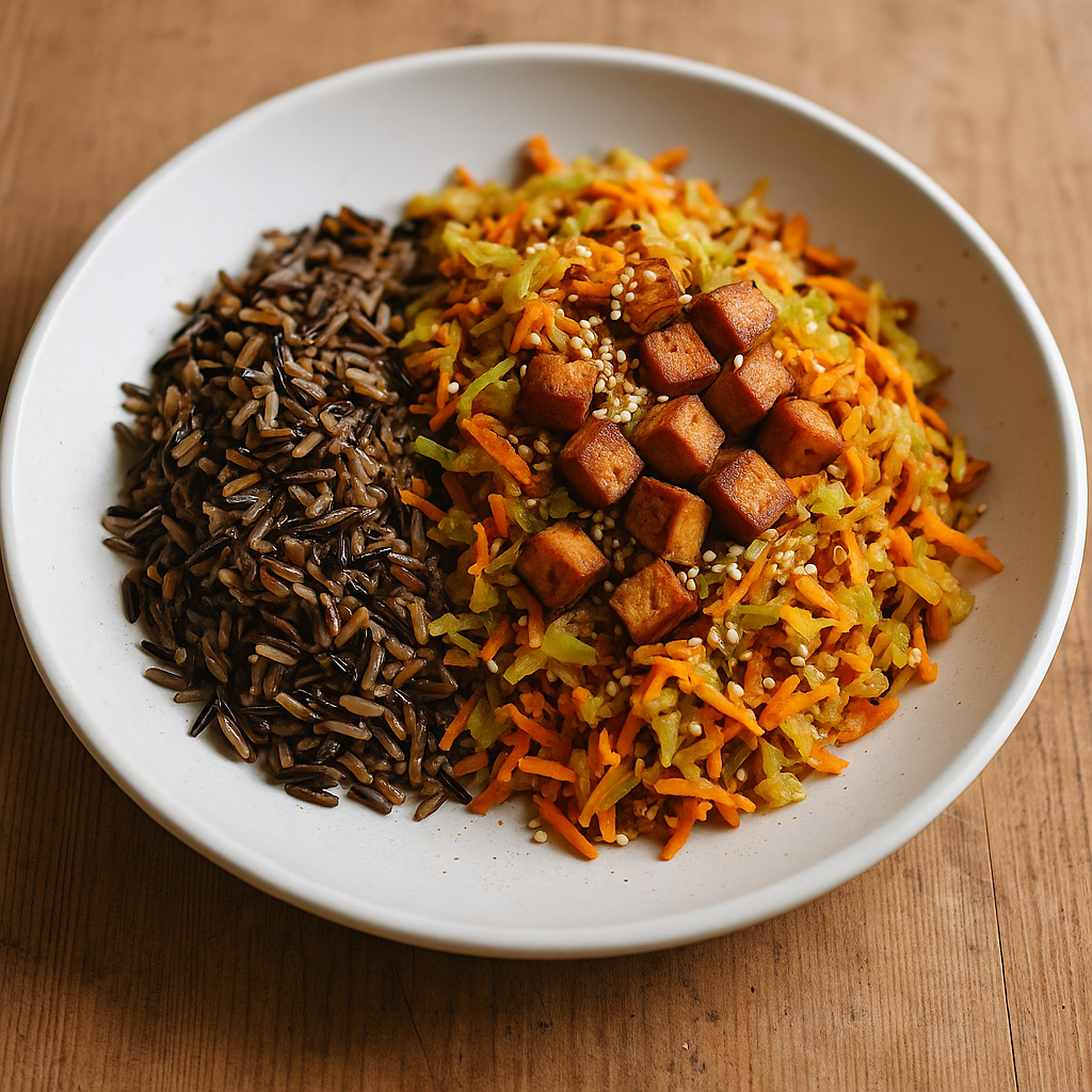Räuchertofu-Wildreis-Bowl mit Spitzkohl, Karotten und Sesam