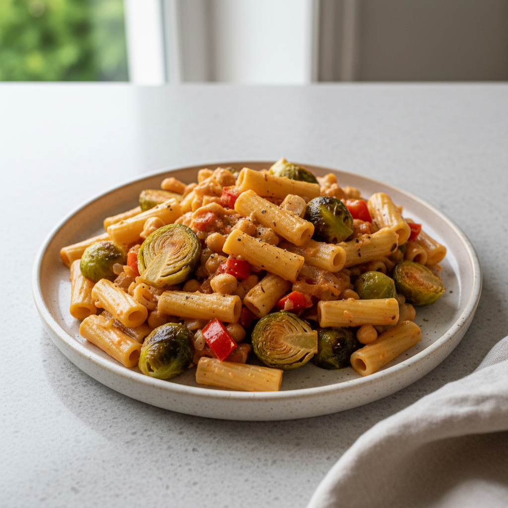 Rigatoni mit cremiger Skyr-Kichererbsen-Paprika-Sauce und Rosenkohl