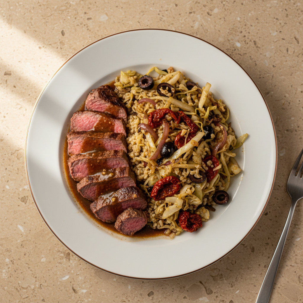 Rinderhüfte mit Bulgur und Spitzkohl-Oliven-Pfanne