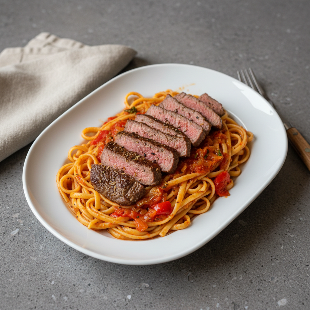 Rinderhüfte mit scharfer Paprika-Tomaten-Sauce und Linguine