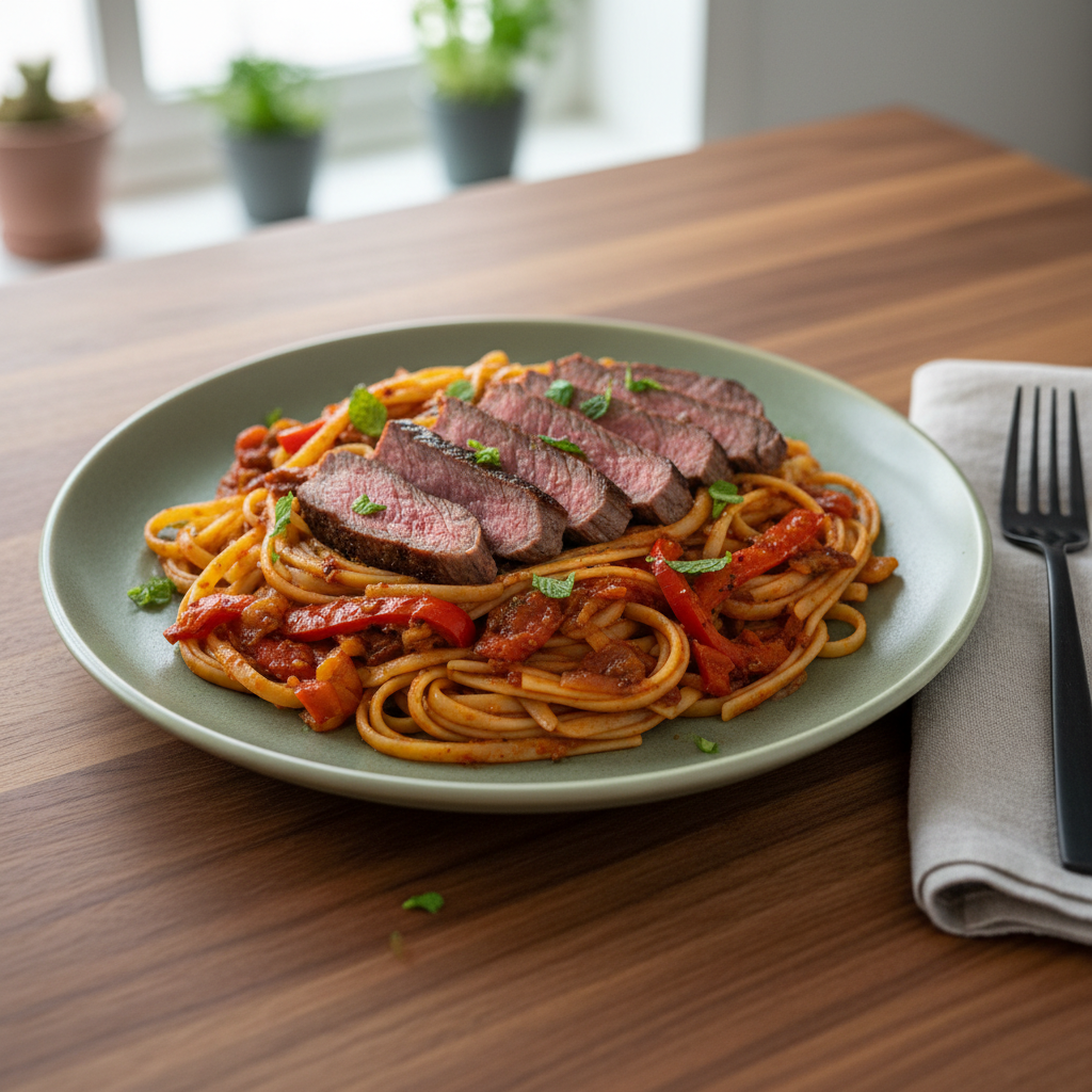 Rindersteak mit harissa-würziger Tomaten-Paprika-Sauce und Linguine