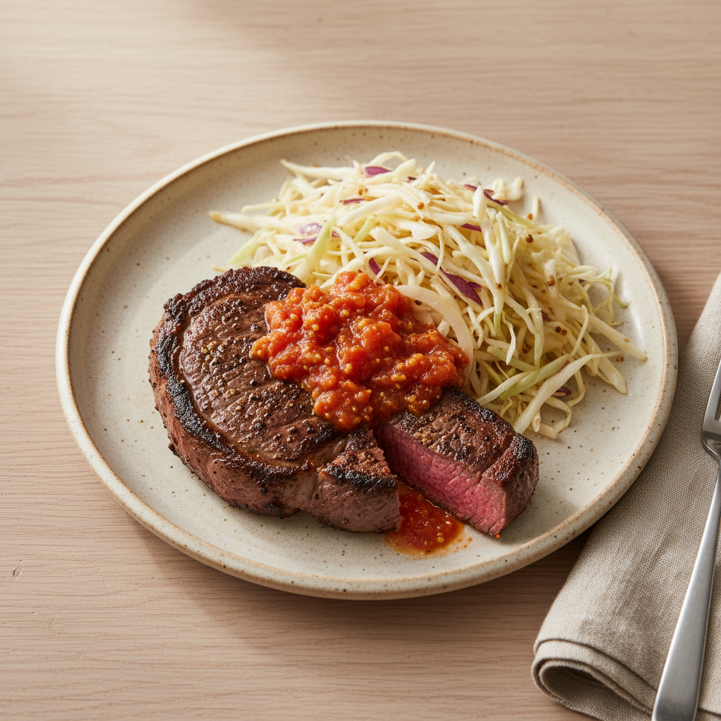 Rindersteak mit warmem Reispapier-Krautsalat und Senf-Tomaten-Sauce