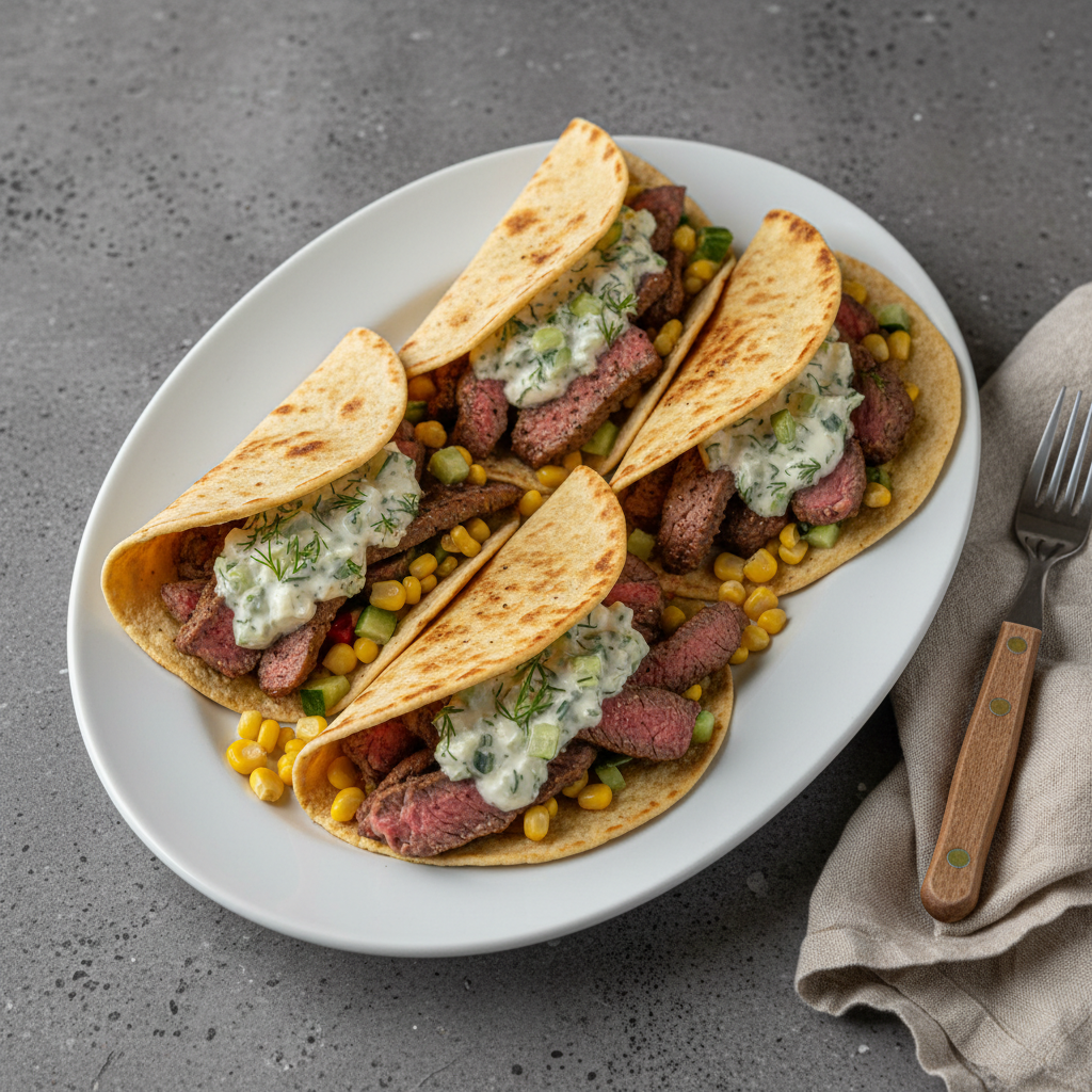 Rindersteak-Tortillas mit Dill-Joghurt, Gurke und Mais