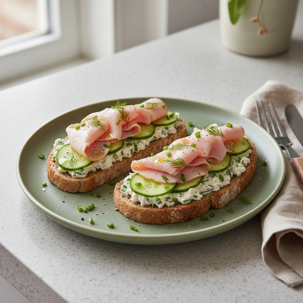 Roggenbrot mit Magerfrischkäse, Gurke, Truthenbrust Aufschnitt und Kräutern