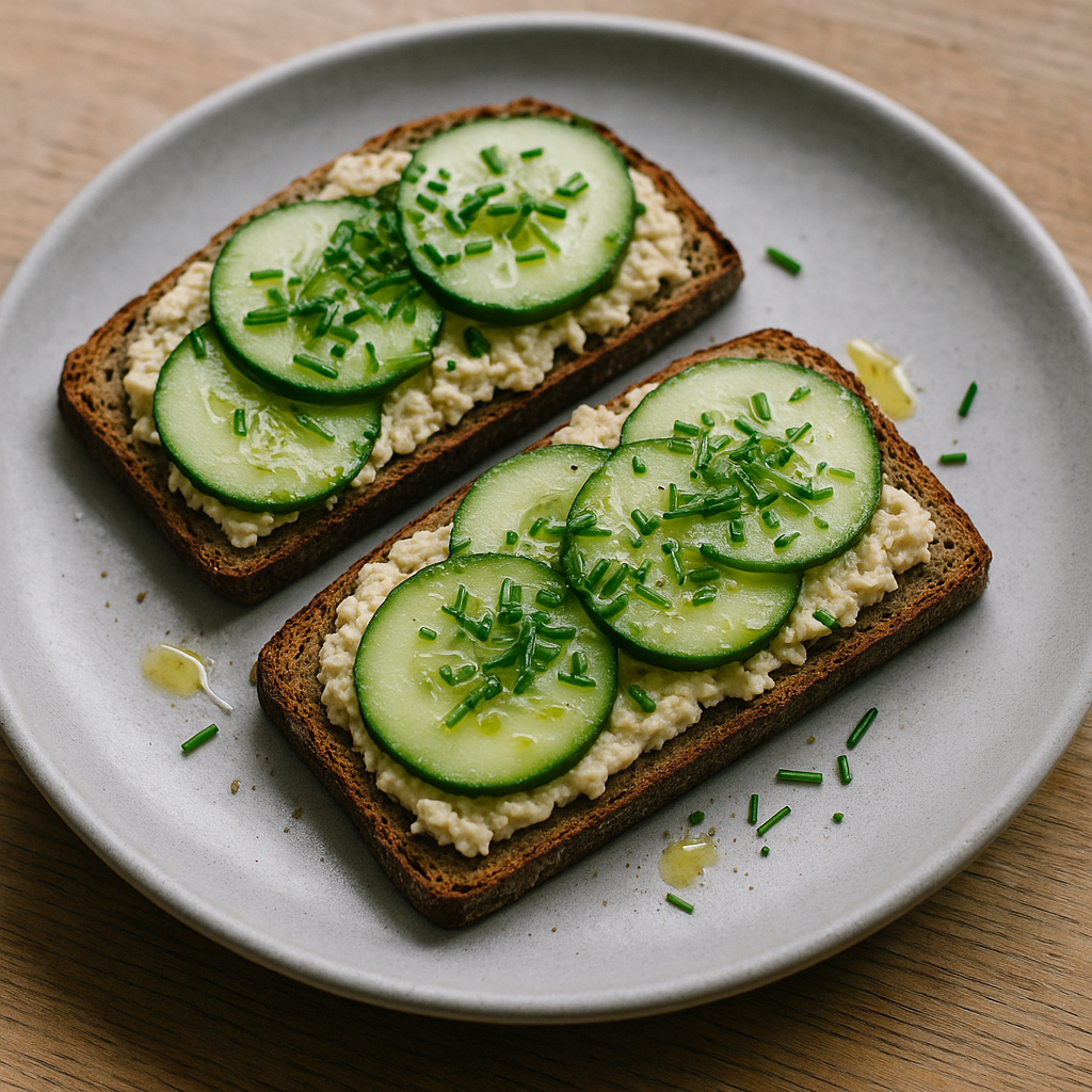 Roggenbrot mit Tofu-Creme, Gurke und Schnittlauch