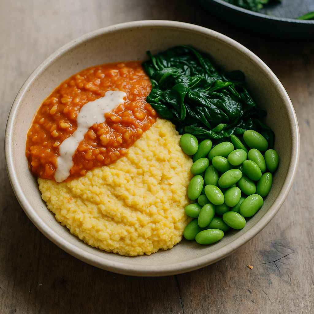 Rote-Linsen-Polenta-Bowl mit Edamame, Spinat und Tahini-Tomaten-Sauce