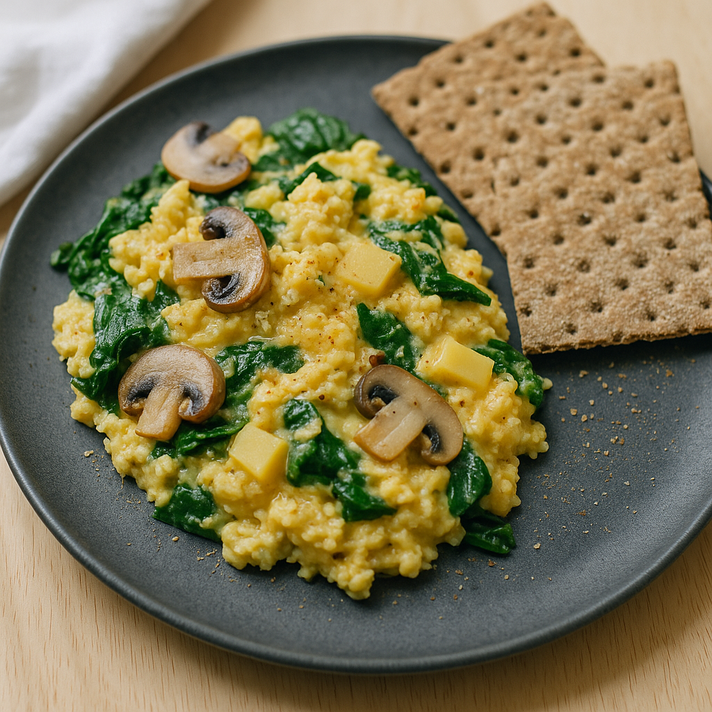 Rührei mit Babyspinat, Champignons, Gouda und Knäckebrot