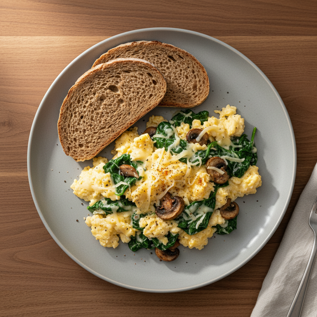 Rührei mit Babyspinat, Champignons, Gouda und Roggenbrot