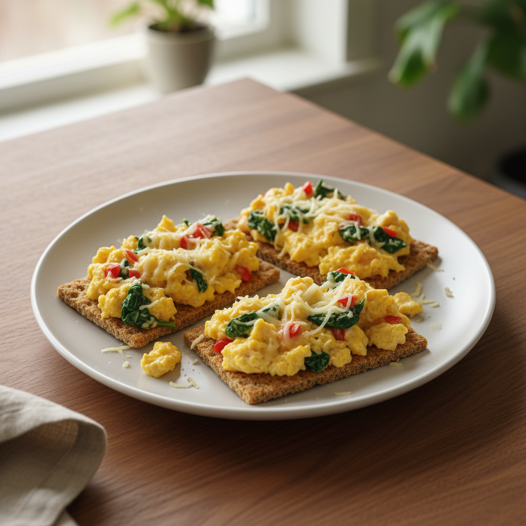 Rührei mit Babyspinat, Paprika und Gouda auf Knäckebrot