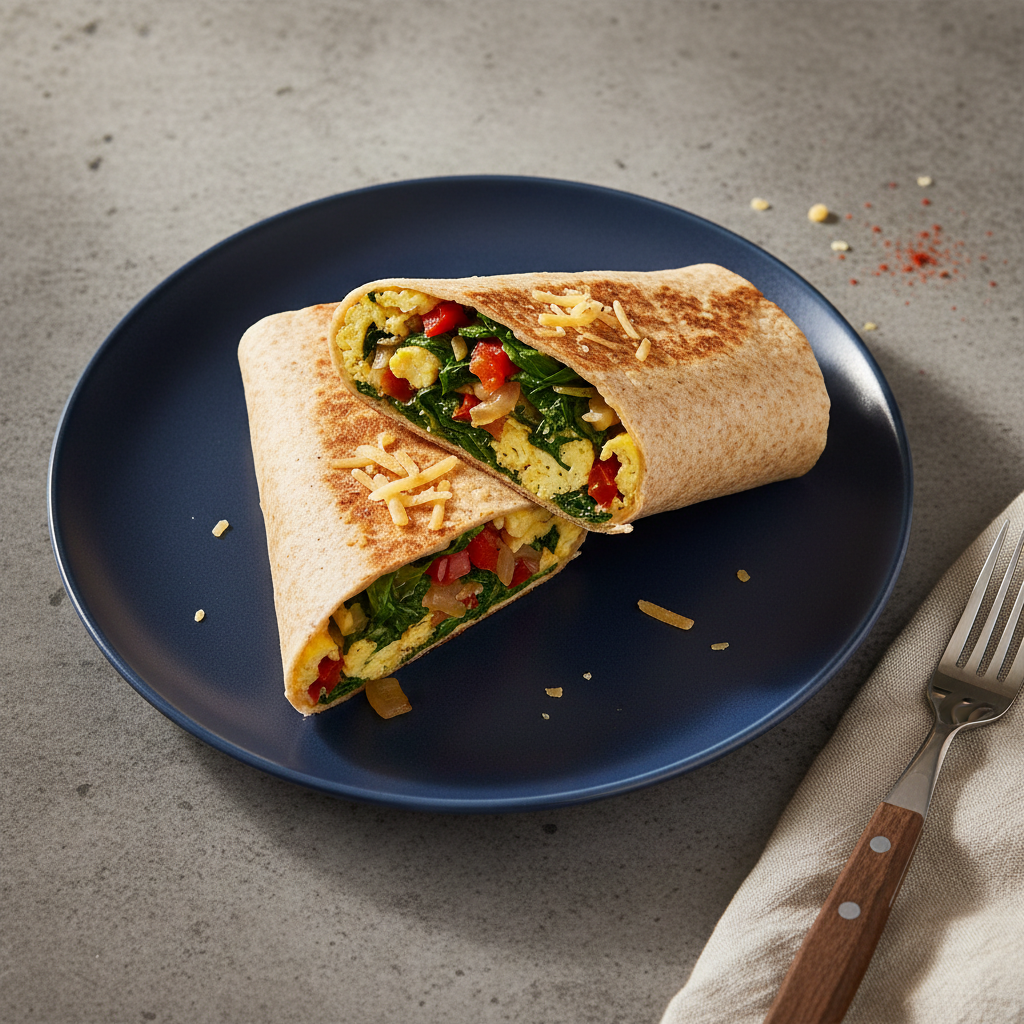 Rührei mit Babyspinat, Paprika und Gouda im Vollkorntortilla-Wrap