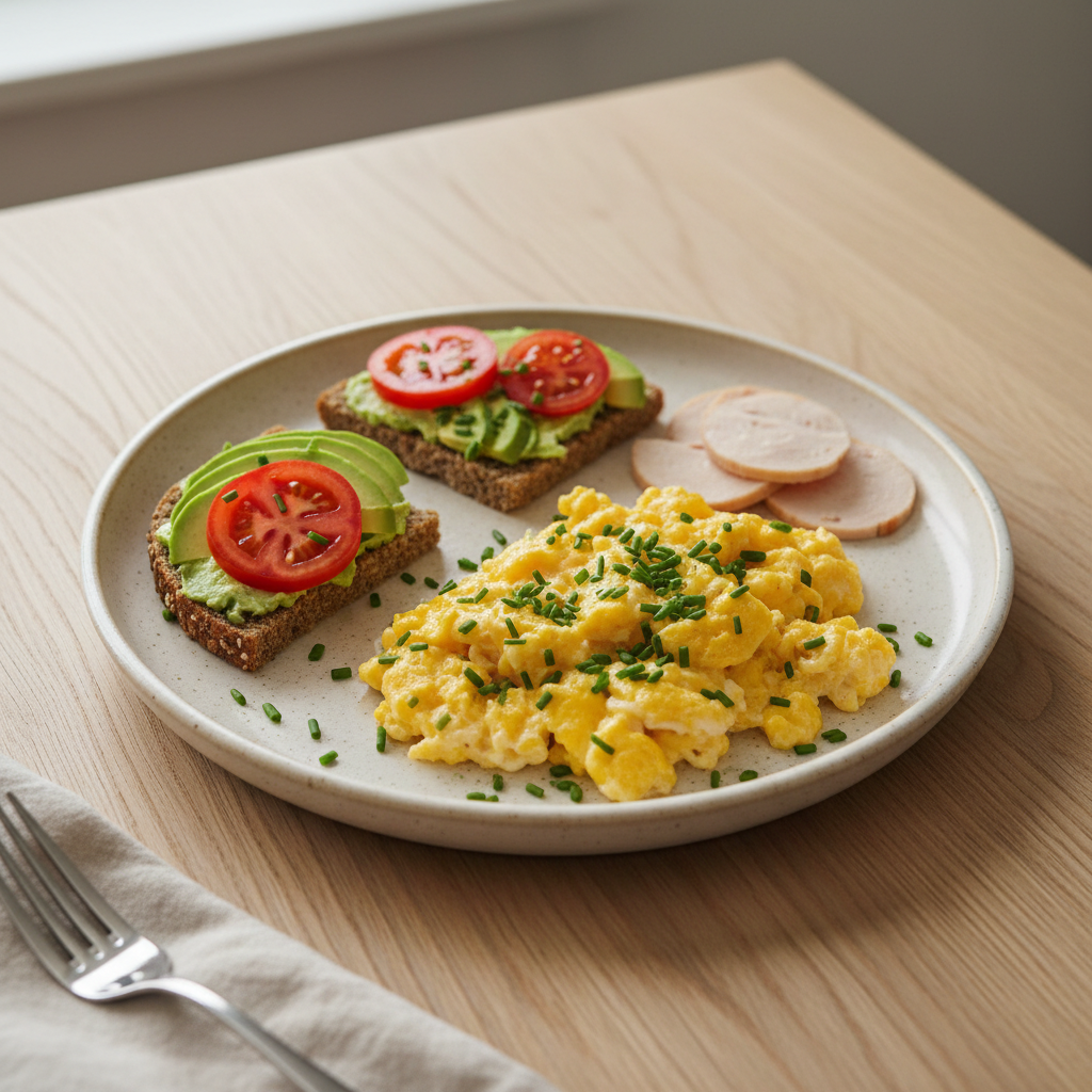 Rührei mit Knäckebrot, Avocado und Tomaten
