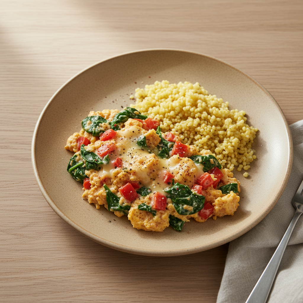 Rührei mit Spinat, Paprika, Emmentaler und Hirse