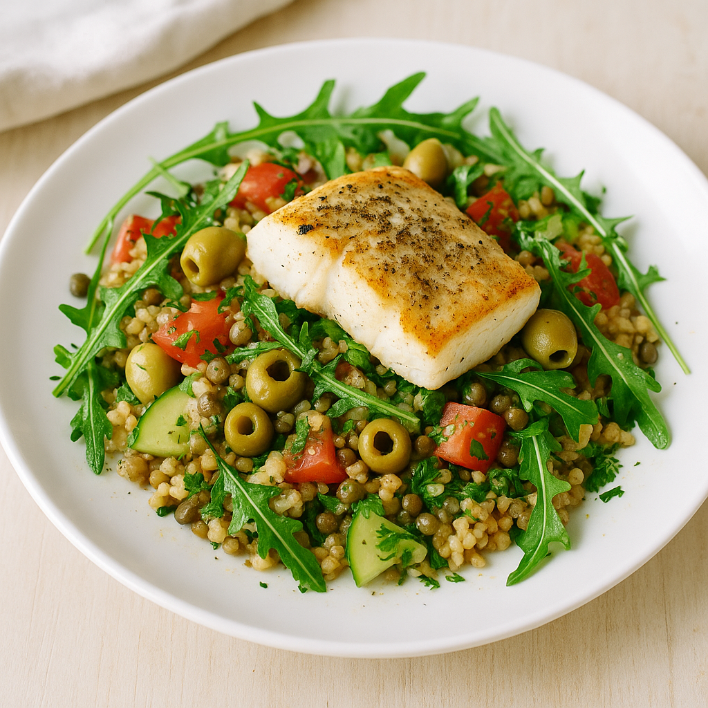 Salade tiède de bulgur mit Kabeljau, grünen Oliven und Senf-Balsamico-Dressing