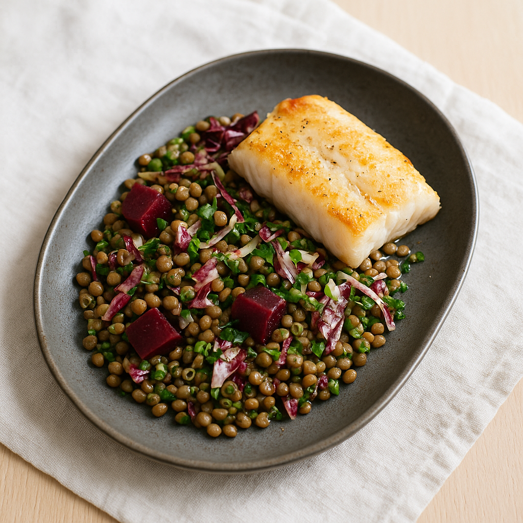 Salade tiède de lentilles mit Kabeljau, Rote Bete und Senf-Vinaigrette