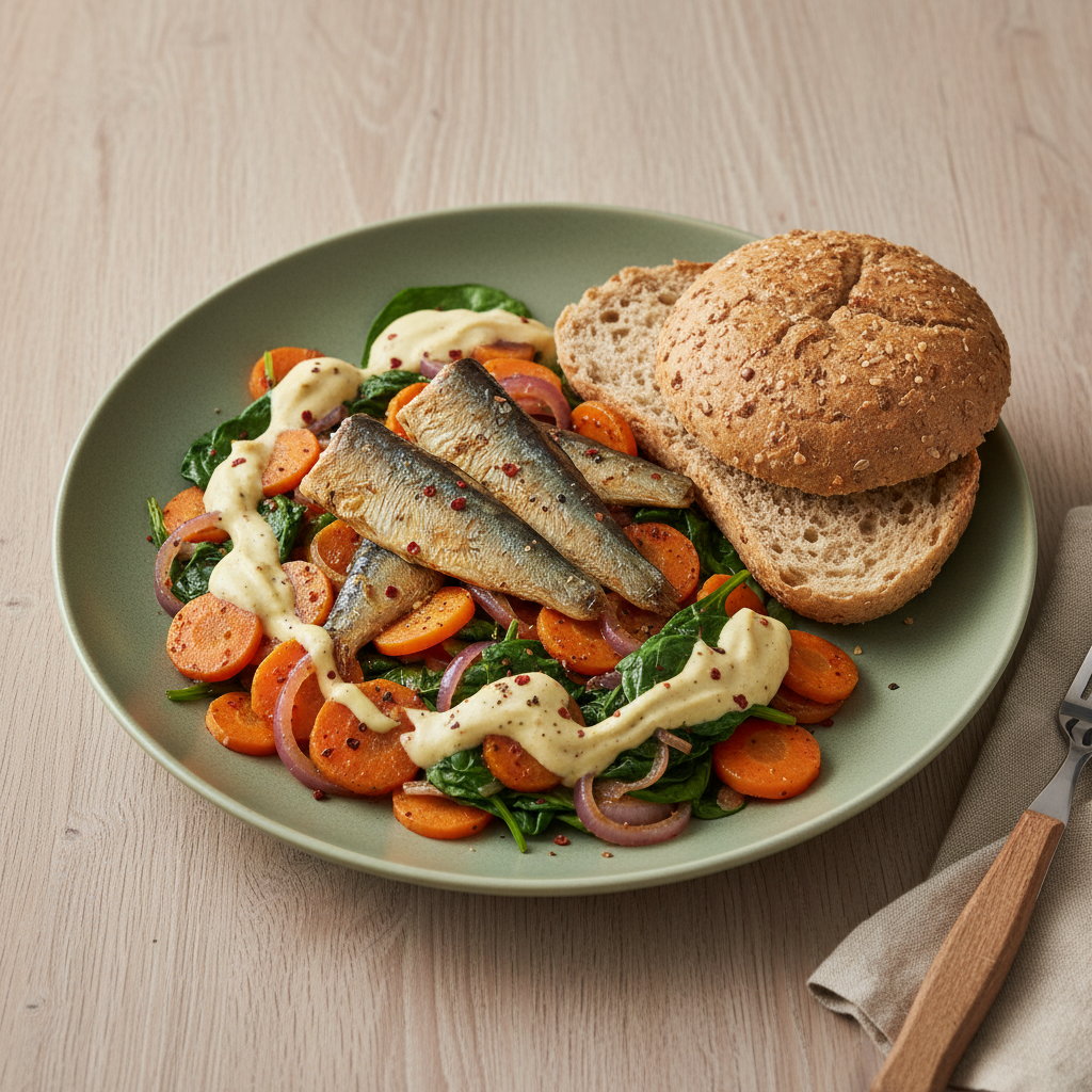 Sardinen-Bowl mit Vollkorn-Burgerbrötchen, Karotten-Spinat und Senf-Joghurt
